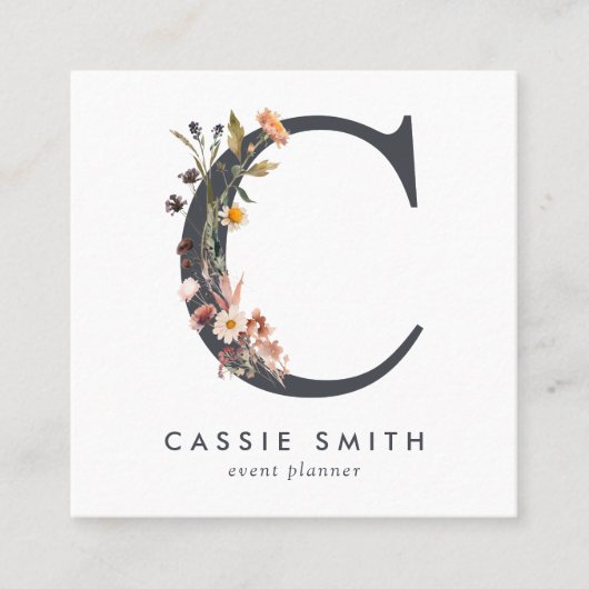 Boho Wildflower Initiaal C QR Code Vierkante Visitekaartje (Voorkant)