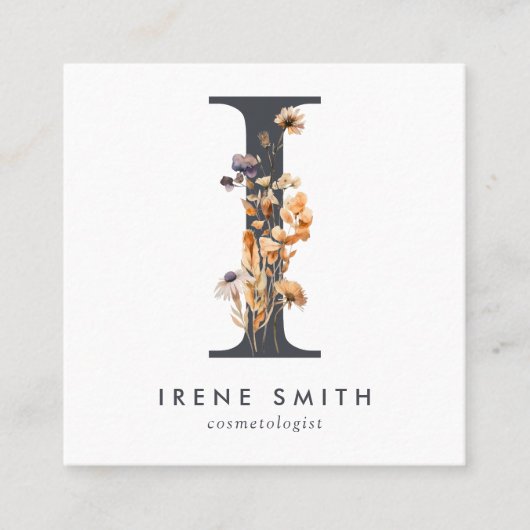 Boho Wildflower Initiaal I QR-code Vierkante Visitekaartje (Voorkant)