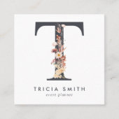 Boho Wildflower Initiaal T QR-code Vierkante Visitekaartje (Voorkant)