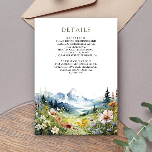 Boho Wildflower Mountain Meadow Wedding Details Informatiekaartje