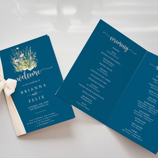 Boho Wildflower Navy Opgevouwen Trouwprogramma Programma