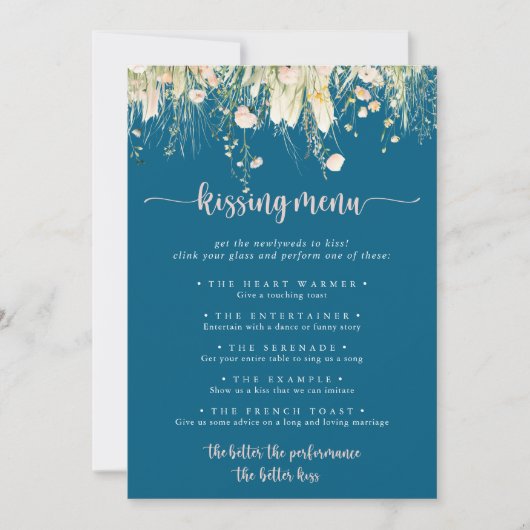 Boho Wildflower Navy Wedding Kissing Menu Spel (Voorkant)