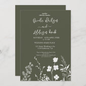 Boho Wildflower Olijfgroene Huwelijks Uitnodiging (Voorkant / Achterkant)