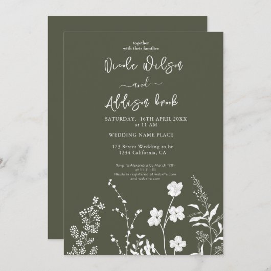Boho Wildflower Olijfgroene Huwelijks Uitnodiging (Voorkant / Achterkant)
