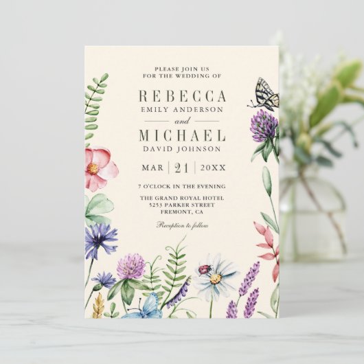 Boho Wildflower QR Code Cream Weddenschap Kaart (Staand voorkant)