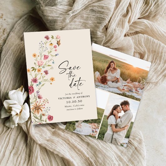 Boho Wildflower Save The Date met Foto Platte Kaar