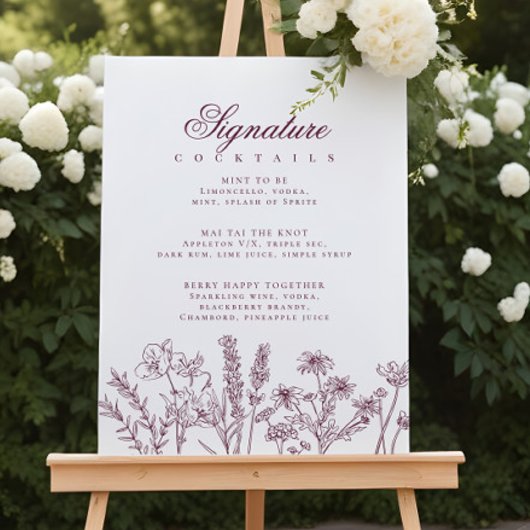 Boho Wildflower Signature Cocktail Menu Sign Poster