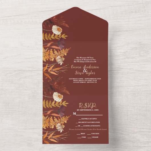 Boho Wildflower Terracotta Herfst Huwelijk All In One Uitnodiging (Binnen)