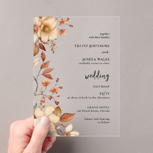 Boho Wildflower Terracotta Trouw Uitnodiging Acryl Uitnodigingen (Insitu (Draagbaar))