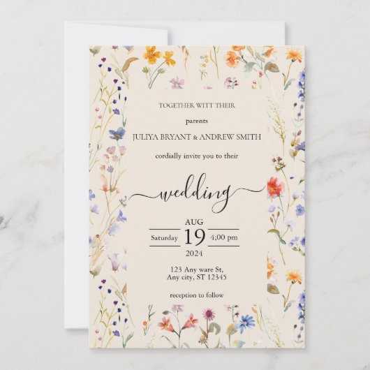 Boho wildflower typografie bruiloft kaart (Voorkant)