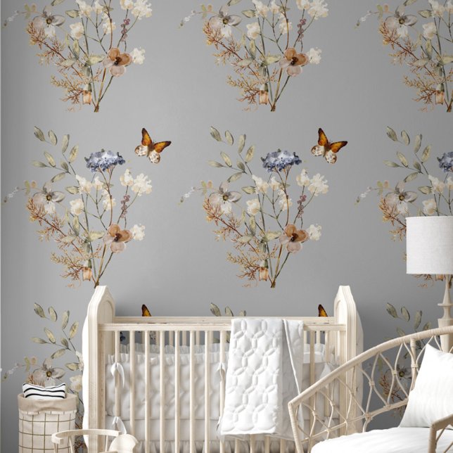 Boho Wildflower Vlinder Bloemen Behang (Boho Wildflower Floral Butterfly Nursery Wallpaper, Nursery Decor for Baby Girl, Grey Background )