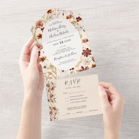 Boho Wildflower Wedding All In One Uitnodiging (Afscheurbaar)