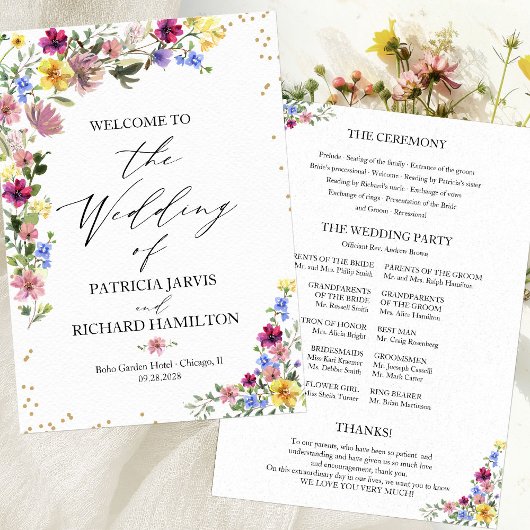 Boho Wildflower Wedding Programme Kaart
