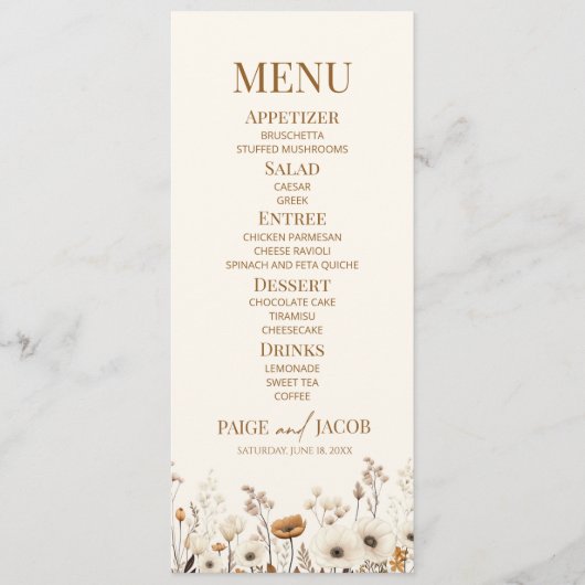 Boho Wildflower Wilde Bloem Bloemen Tuin Bruiloft Menu (Voorkant)