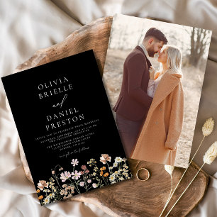 Boho Wildflower Zwart Wit Foto Tuin Trouwen Kaart