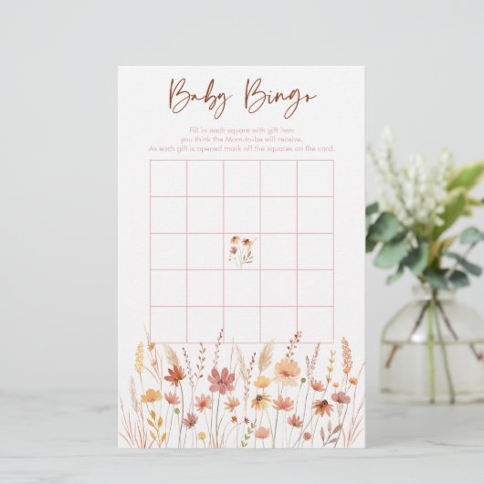 Boho Wildflowers Baby shower Bingo spel (Staand voorkant)