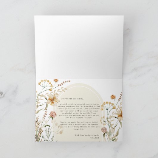 Boho Wildflowers Boog Bruidsmeisjeshuwelijk Bedank Bedankkaart (Binnen)