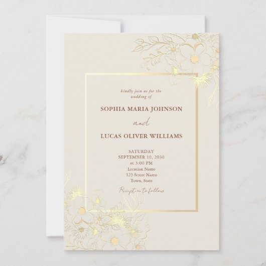Boho Wildflowers Gold Wedding Invitation Kaart (Voorkant)