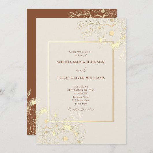  Boho Wildflowers Gold Wedding Invitation Kaart (Voorkant / Achterkant)