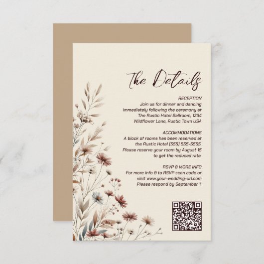 Boho Wildflowers QR Code Trouwdetails Klein Informatiekaartje (Voorkant / Achterkant)