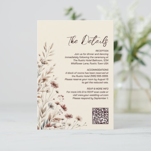 Boho Wildflowers QR Code Trouwdetails Klein Informatiekaartje (Staand voorkant)