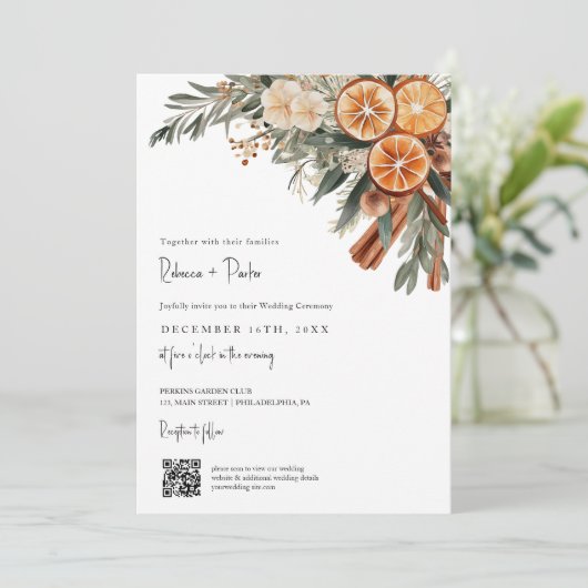 Boho Winter Bruiloft Qr code RSVP alles in één Kaart (Staand voorkant)