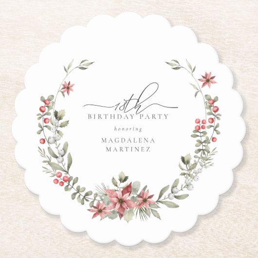 Boho Winter Greenery Red Floral 18e verjaardag Kartonnen Onderzetters (Voorkant)