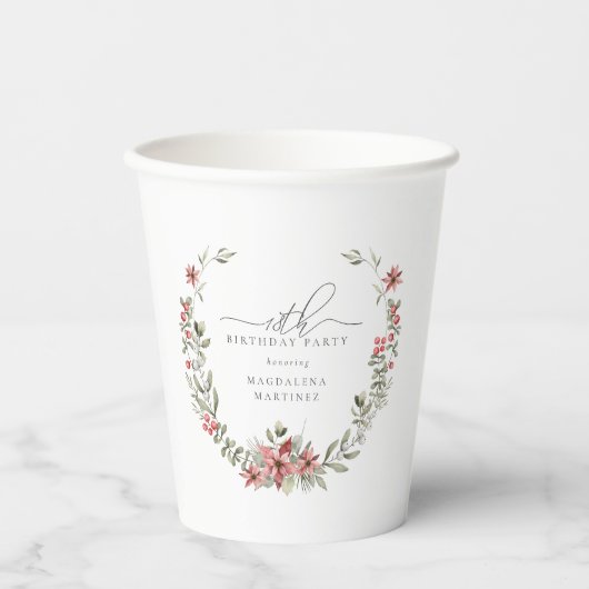 Boho Winter Greenery Red Floral 18e verjaardag Papieren Bekers (Voorkant)