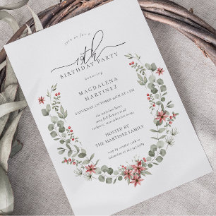 Boho Winter Greenery Red Floral 19e verjaardag Kaart