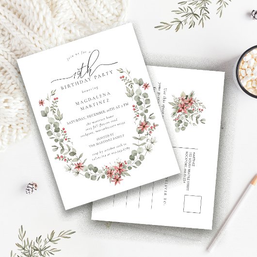 Boho Winter Greenery Red Floral 19e verjaardag Uitnodiging Briefkaart
