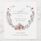 Boho Winter Greenery Red Floral 60e verjaardag Wijn Etiket (Enkel label)