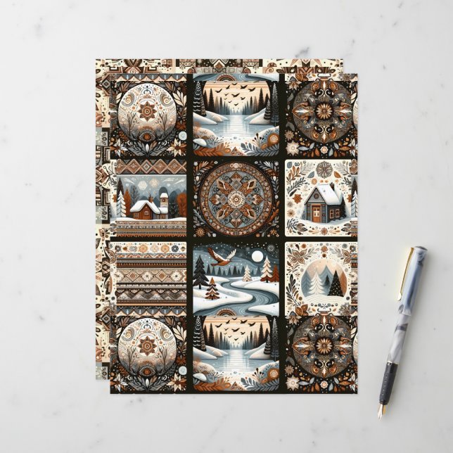 Boho Winter Patronen Craft & Scrapbook Papier (Voorkant / Achterkant in situ)