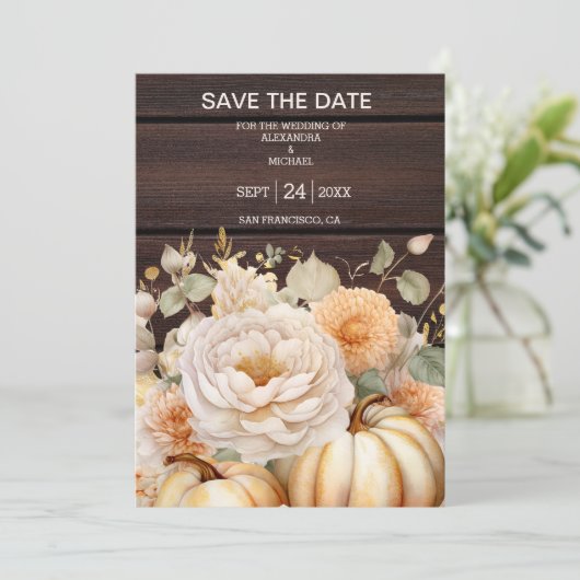 Boho Wit en Goud Glitter Pompoenen Bruiloft Save The Date (Staand voorkant)
