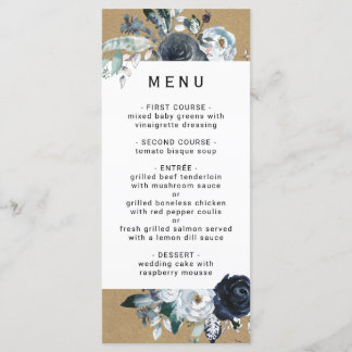 Boho wit marine pioen faux bruin kraft bruiloft menu