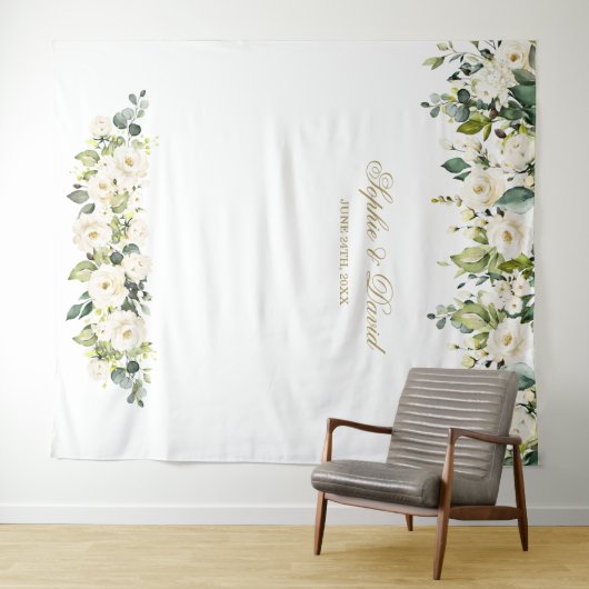 Boho witte bloemen bruiloft photo booth achtergron wandkleed (In Situ (horizontaal))
