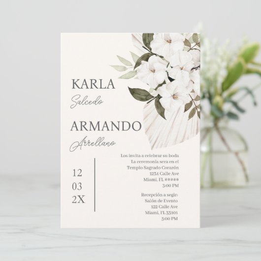Boho witte bloemen bruiloft uitnodiging in het Spa (Staand voorkant)