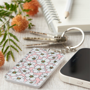 Boho Witte Bloemen Op Roze Sleutelhanger