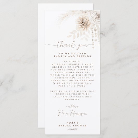Boho Witte en Neutrale Bloemen Dank u Plaatskaart Menu (Voorkant / Achterkant)