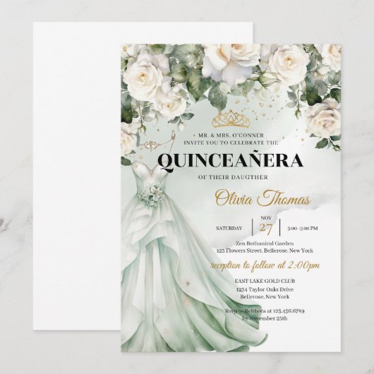 Boho witte jurk & witte rozen groen en goud kaart (Voorkant / Achterkant)