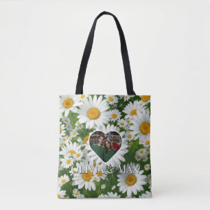 Boho witte madeliefjes bloemenfoto sjabloon draagtas