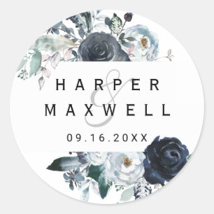 Boho Witte Navy Pioen Waterverf Bruiloft Ronde Sticker