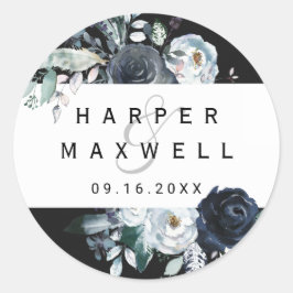 Boho Witte Navy Pioen Waterverf Bruiloft Zwart Ronde Sticker