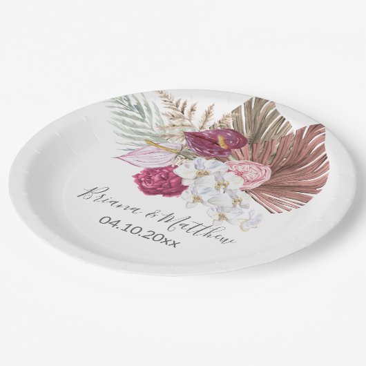 Boho witte orchideeën Bourgondische bloemenbruilof Papieren Bordje (Gekanteld)