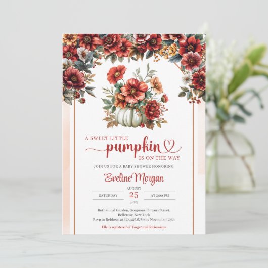 Boho witte pompoen met bordeauxrode bloemen herfst kaart (Staand voorkant)