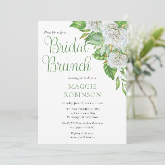 Boho Witte Rozen Bloemen Bruids Brunch Uitnodiging (Staand voorkant)