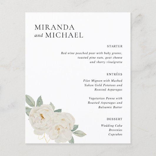 BOHO WITTE ROZEN BLOEMEN BRUILOFT DINER MENU (Voorkant)