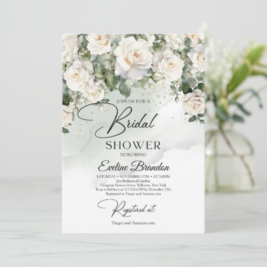 Boho witte rozen eucalyptus groen en goud kaart (Staand voorkant)