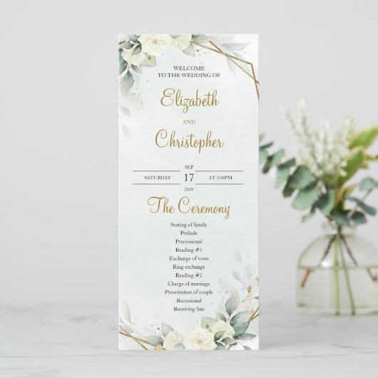 Boho Witte Rozen Eucalyptus Groenery Goud Programma (Staand voorkant)