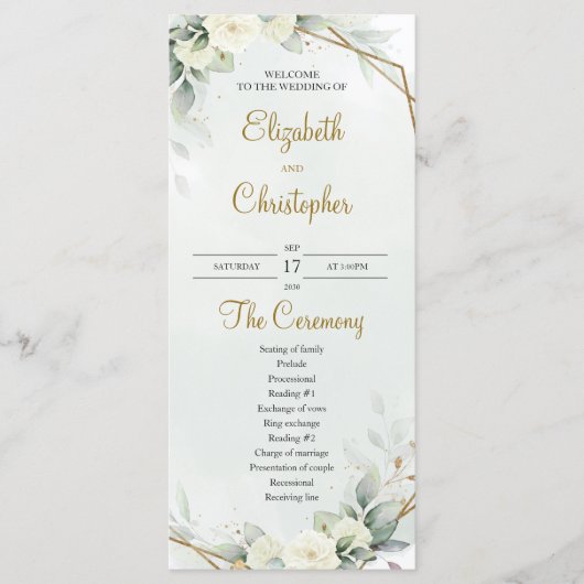 Boho Witte Rozen Eucalyptus Groenery Goud Programma (Voorkant)