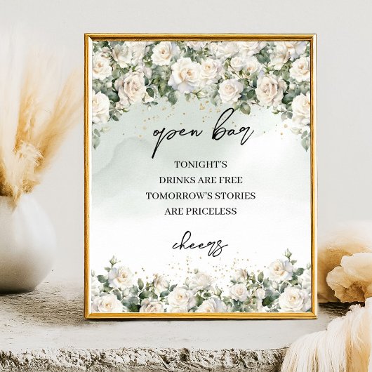 Boho Witte Rozen Groen en Goud Open bar teken Poster